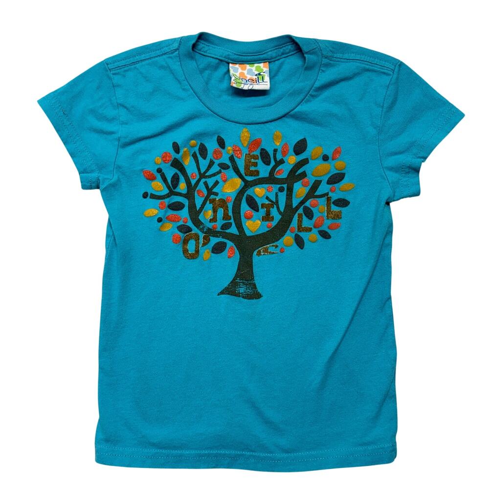 Vintage O'Neill T-Shirt Kids Girls Small Blue Tree Print USA Crewneck Cap Sleeve